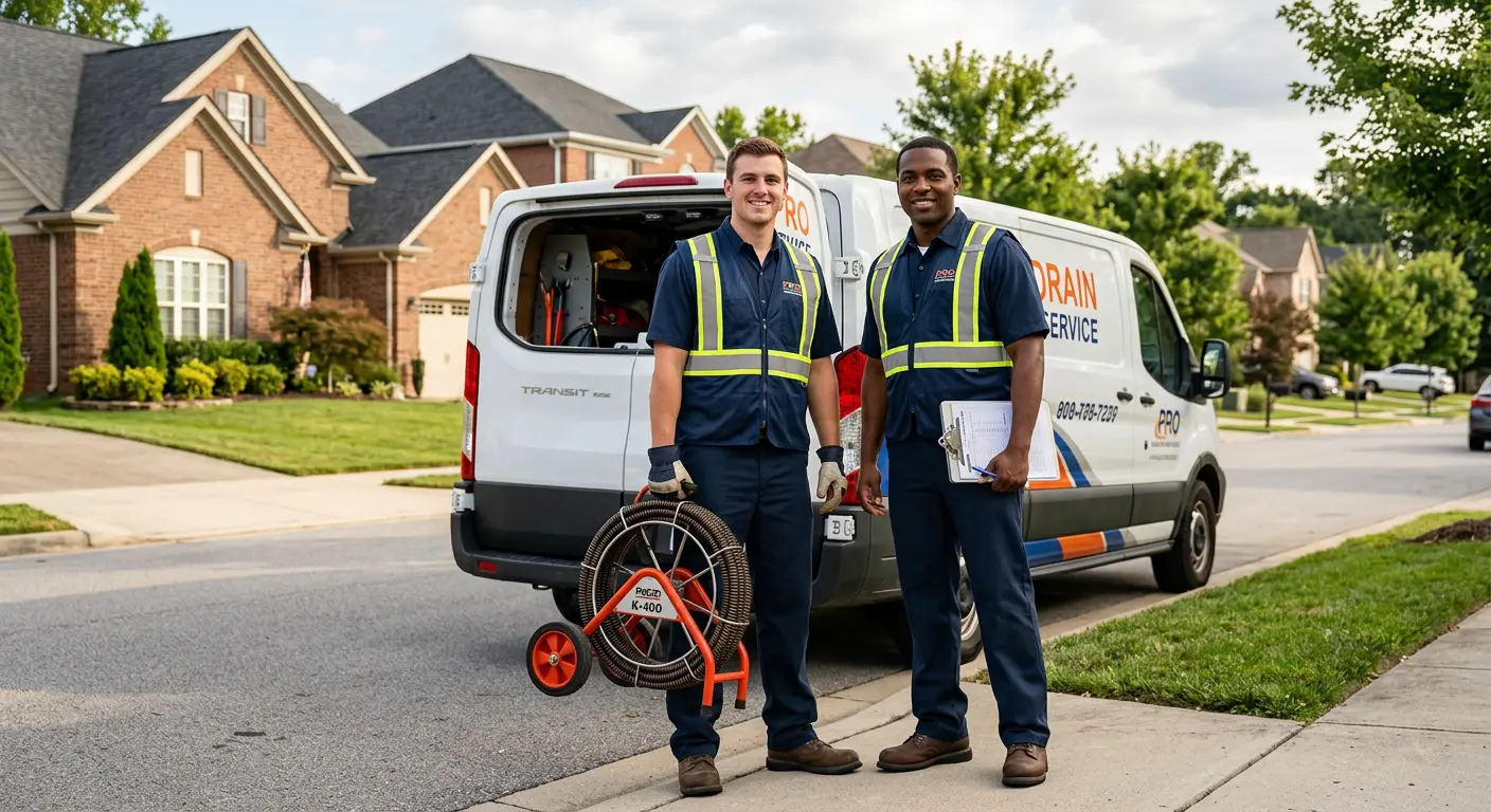 Sewer and drain service team with equipment ready for work in Gardiner