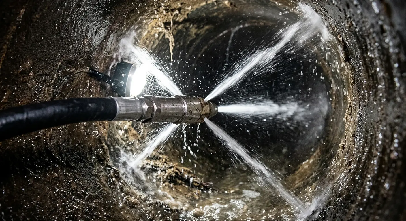 High-pressure hydro jetting nozzle cleaning sewer pipe for Sewer Cleanout in Gardiner