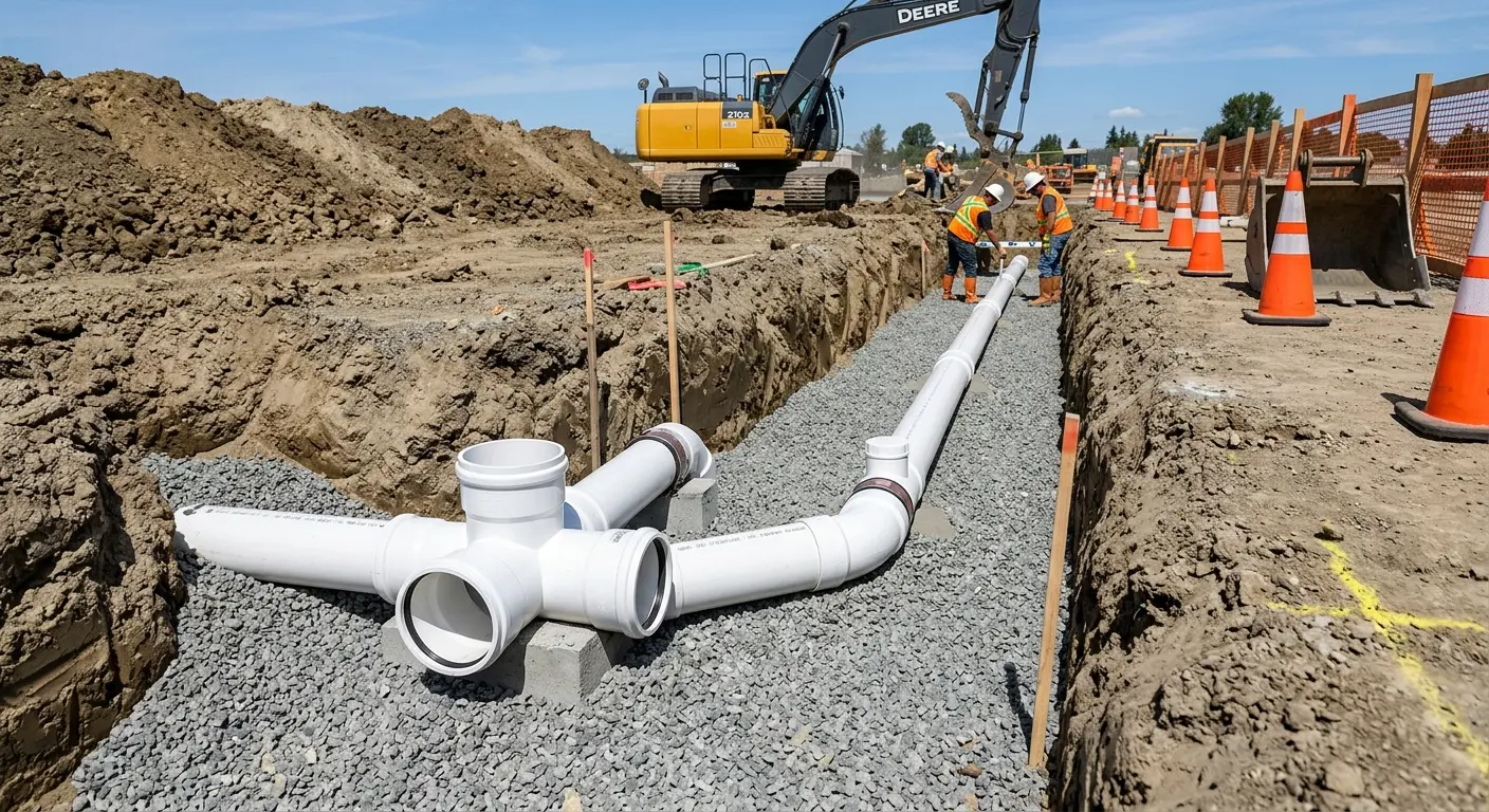 New PVC sewer pipe installation in open trench for Commercial Drain Cleaning in Gardiner