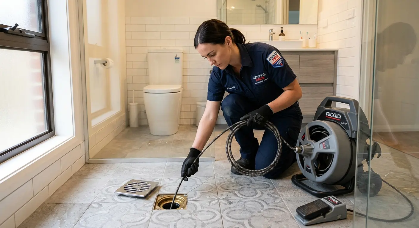 Technician clearing a bathroom floor drain for Hydro Jetting in Gardiner